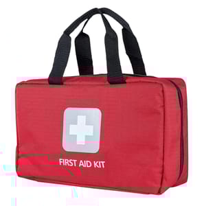 A red first aid kit bag with black handles, featuring a white cross and the text \“FIRST AID KIT\“ on the front.