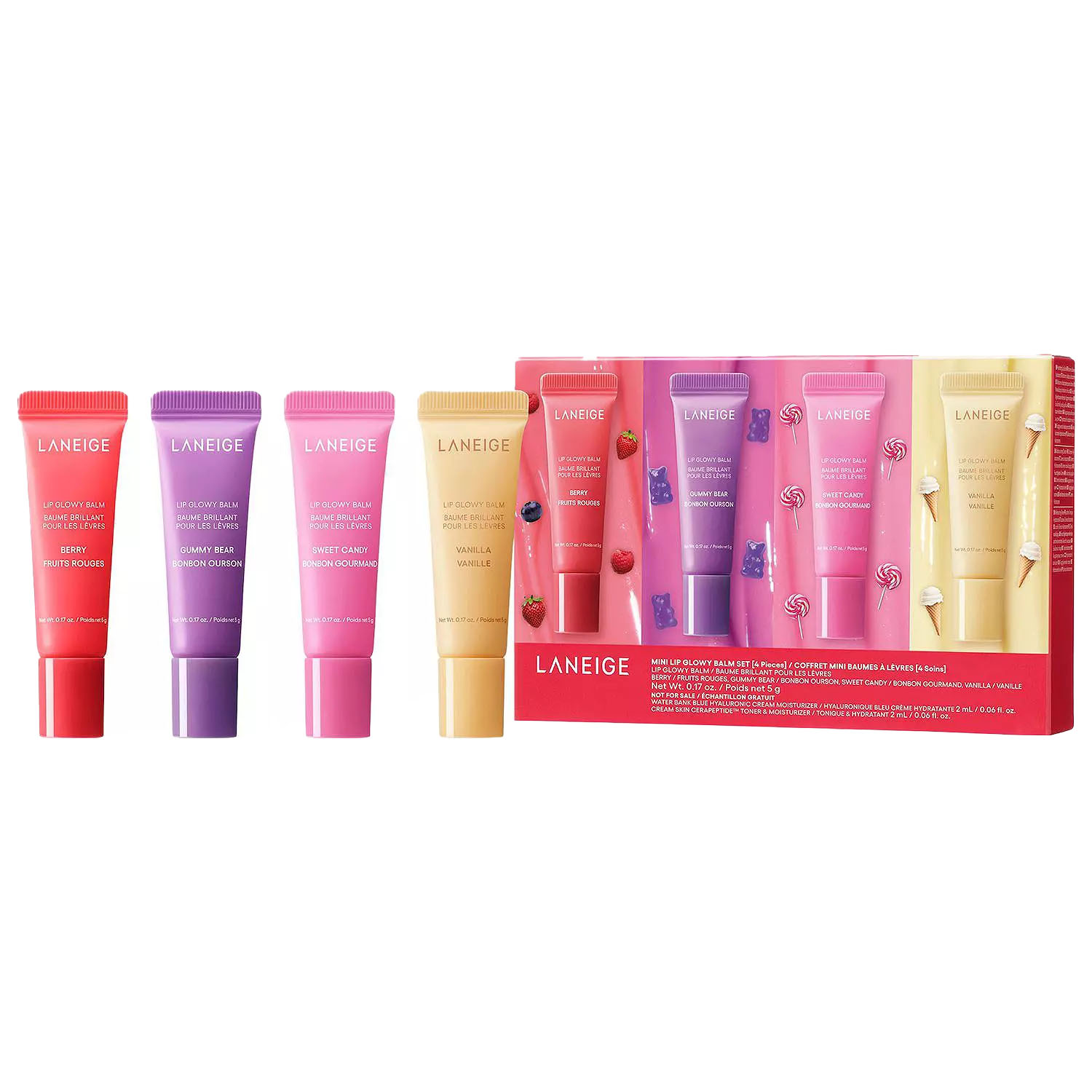 Laneige Glowy Balm Gift Set includes four mini lip balms in Berry, Gummy Bear, Sweet Candy, and Vanilla flavors, each in a colorful tube.