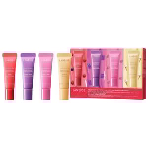 Laneige Glowy Balm Gift Set includes four mini lip balms in Berry, Gummy Bear, Sweet Candy, and Vanilla flavors, each in a colorful tube.