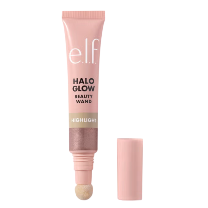 e.l.f. Halo Glow Beauty Wand Highlight, a pink tube with an applicator sponge and a matching cap.