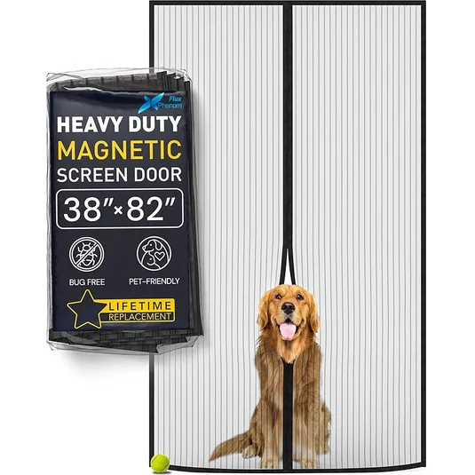 Heavy-Duty Magnetic Screen Door, 38\“x82\“, designed to be bug-free and pet-friendly with a lifetime replacement guarantee.