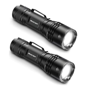 Two black handheld LED flashlights with textured grips and wrist straps.
