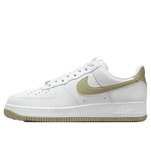 Nike Air Force 1 '07 Shoes feature a classic low-top silhouette with a white leather upper, olive green Swoosh, and matching heel and outsole accents. The perforated toe box and cushioned midsole offer breathability and comfort.
