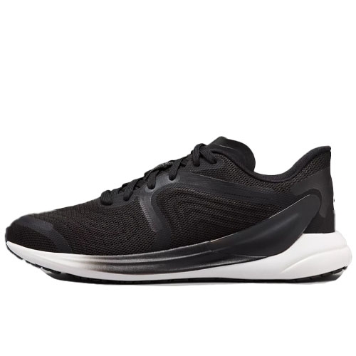 Black running shoe with a mesh upper, black laces, and a white cushioned sole.