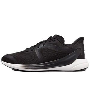 Black running shoe with a mesh upper, black laces, and a white cushioned sole.