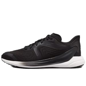 Black running shoe with a mesh upper, black laces, and a white cushioned sole.
