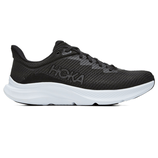 Black Hoka running shoe with a white sole and knit upper featuring the Hoka logo on the side.