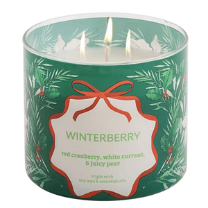 A green Winterberry candle featuring scents of red cranberry, white currant, and juicy pear, with three wicks made from soy wax and essential oils.