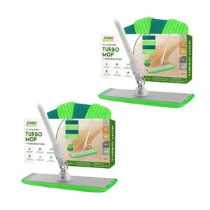 Turbo Mop set includes an 18-inch microfiber mop with an adjustable handle and four reusable pads, suitable for various floor types.