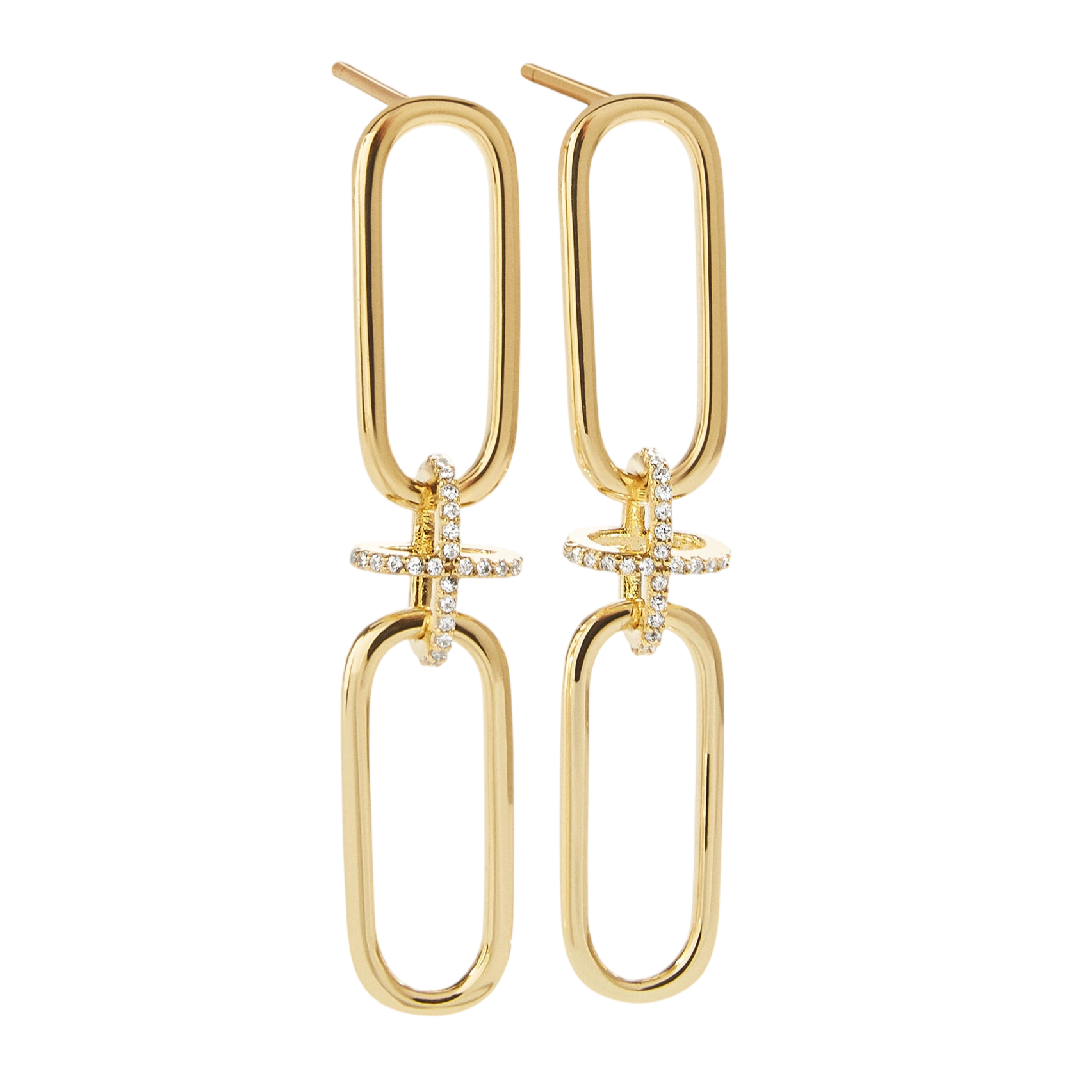 Gold-tone drop earrings with two elongated rectangular links, embellished with small sparkling stones at the center joint.