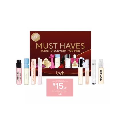 Belk \“Must Haves\“ Scent Discovery for Her includes a collection of various perfume samples and a $15 off coupon.