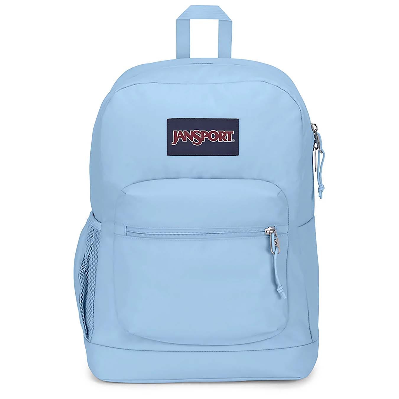 Light blue JanSport backpack with a front zippered pocket, a side mesh pocket, and a top handle.
