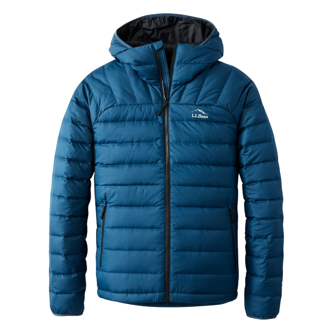 A blue, hooded, quilted jacket with a front zipper and side pockets, featuring the L.L.Bean logo on the chest.