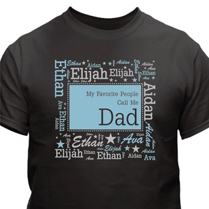 Black t-shirt with a light blue and white design featuring the phrase \“My Favorite People Call Me Dad\“ surrounded by the names Elijah, Ethan, Aidan, and Ava, along with star graphics.