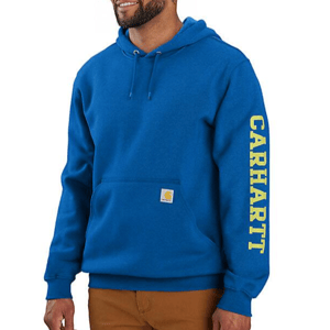 Blue Carhartt hoodie with yellow text on the sleeve and a front pocket, worn by a person with khaki pants.
