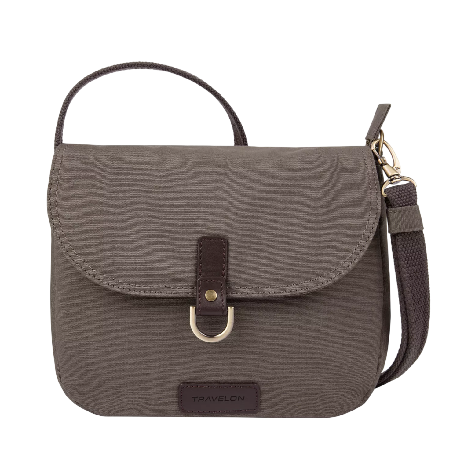A compact, brown crossbody bag with a flap closure, featuring a strap, metal accent, and the brand name \“Travelon\“ on the front.