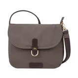 A compact, brown crossbody bag with a flap closure, featuring a strap, metal accent, and the brand name \“Travelon\“ on the front.