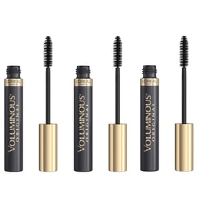 3-pack L'Oreal Paris Voluminous Original Mascara features black tubes with gold caps. Designed to enhance lash volume, each tube includes a black mascara wand.