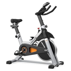Yosuda Indoor Cycling Bike features a sturdy frame, adjustable seat, and handlebars, designed for home exercise. It includes a flywheel for smooth pedaling, resistance knob for intensity adjustment, and a digital monitor for tracking workout metrics.