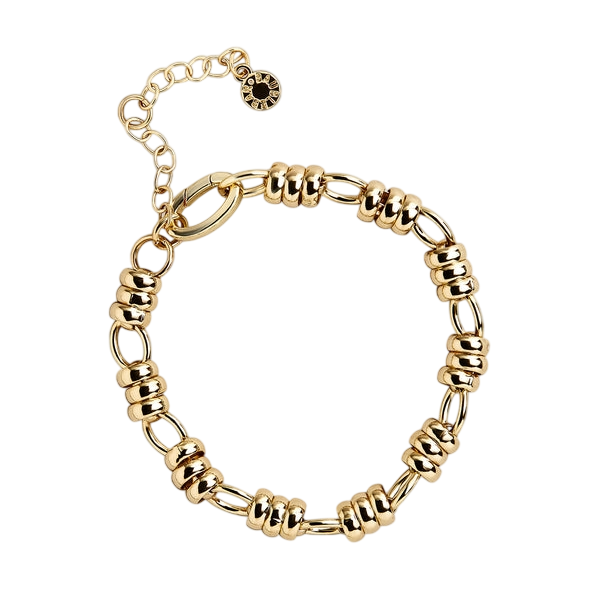 A gold-toned bracelet featuring interlinked rings and small round beads, secured with an adjustable chain clasp with a decorative charm.