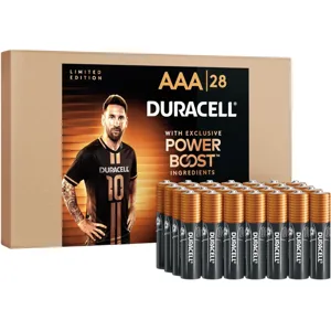 Limited edition Duracell AAA batteries pack featuring a soccer player on the packaging, with 28 batteries included.