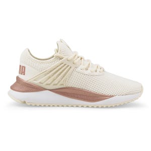 Beige Puma women's Pacer Lux sneakers with a breathable mesh upper, a rose gold heel counter, and the Puma logo on the side.