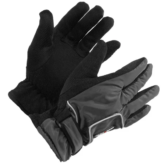 Black winter gloves with textured palms and adjustable wrist closures for insulation and grip.