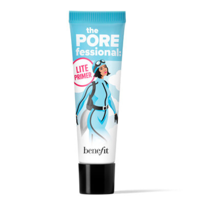Benefit The POREfessional Lite Primer is a pore-minimizing makeup primer in a tube with a blue design featuring a cartoon woman. The primer aims to create a smooth base while feeling lightweight on the skin.