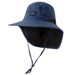A blue wide-brim sun hat with a neck flap and chin strap, offering added sun protection.