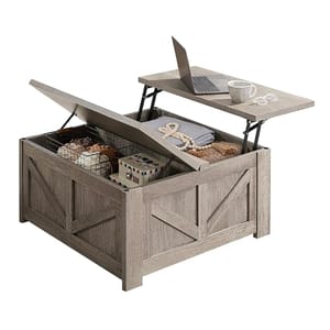 A multifunctional coffee table with a lift-top design providing a workspace and additional storage. The table has a rustic wood finish and includes compartments for organizing items like blankets and books.