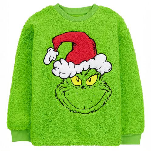 This is a bright green, fuzzy pullover featuring a large graphic of the Grinch wearing a Santa hat on the front.