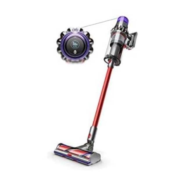 Cordless stick vacuum cleaner with a digital display and a red shaft, featuring a motorized cleaner head.