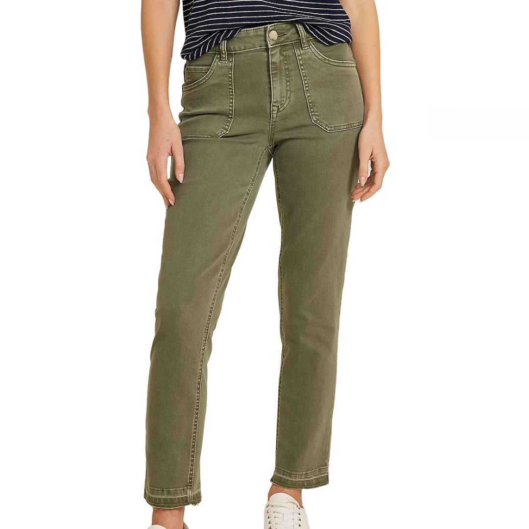 Maurices Ankle Jeans in olive green feature a straight leg, large front patch pockets, button and zip closure, and a casual, cropped fit. Paired with a striped top and white sneakers.