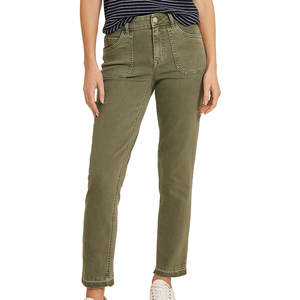 Maurices Ankle Jeans in olive green feature a straight leg, large front patch pockets, button and zip closure, and a casual, cropped fit. Paired with a striped top and white sneakers.