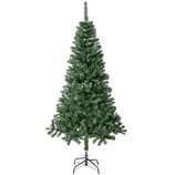 Artificial Christmas tree with green branches, standing on a metal base.