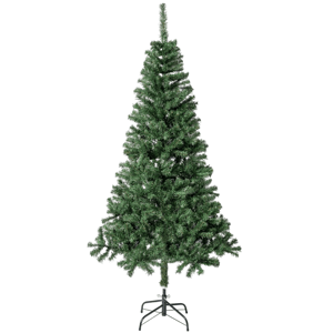 Artificial Christmas tree with green branches, standing on a metal base.