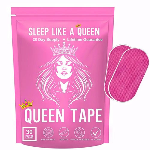 Queen Tape, designed for improved sleep, comes with 30 breathable, gentle, hypoallergenic patches, offering a 30-day supply and a lifetime guarantee.
