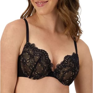 Black lace bra with adjustable straps and underwire, featuring intricate floral patterns.