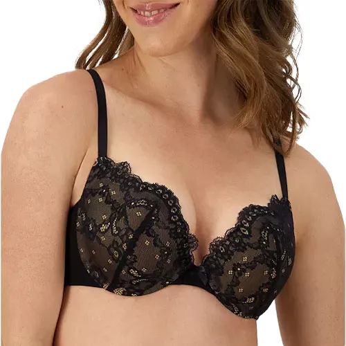 Black lace bra with adjustable straps and underwire, featuring intricate floral patterns.