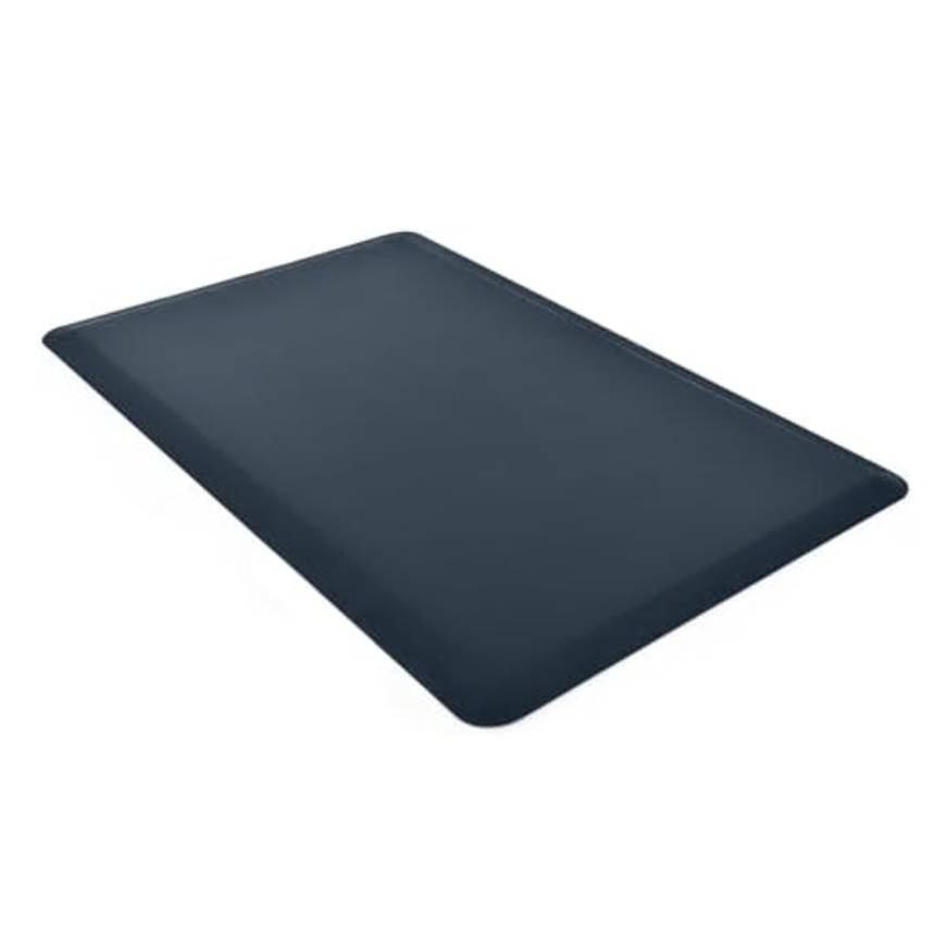 Dark blue anti-fatigue mat with beveled edges for ergonomic standing support.
