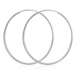 Two simple and sleek 65mm silver hoop earrings with a smooth finish and a thin, circular design for a minimalist and elegant look.