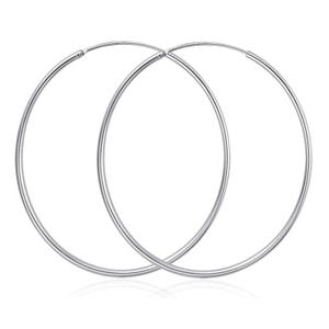 Two simple and sleek 65mm silver hoop earrings with a smooth finish and a thin, circular design for a minimalist and elegant look.