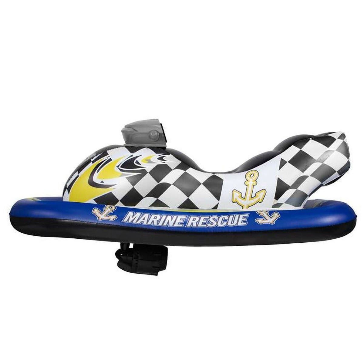 Inflatable toy resembling a jet ski, featuring a checkered design with \“Marine Rescue\“ text and anchor graphics on the blue base.