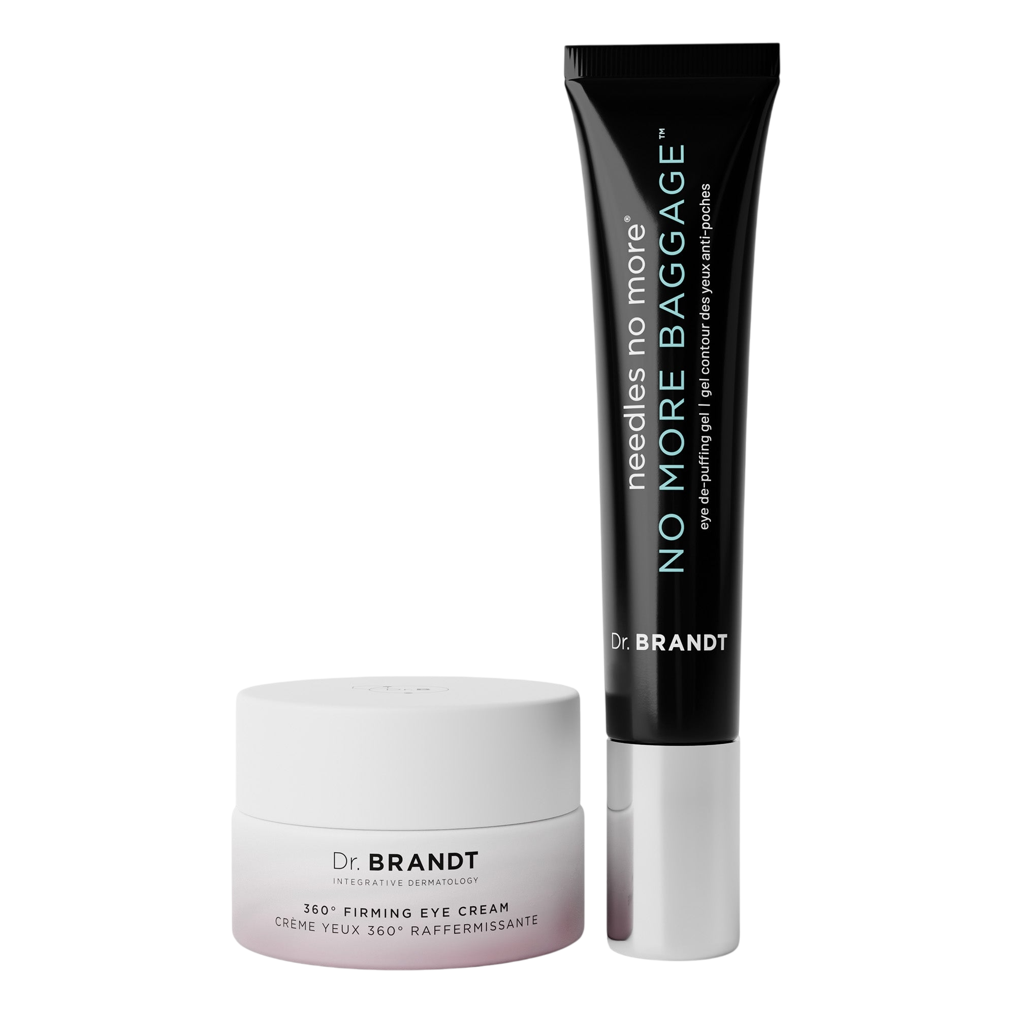 Dr. Brandt 360° Firming Eye Cream and No More Baggage Eye De-Puffing Gel are displayed.