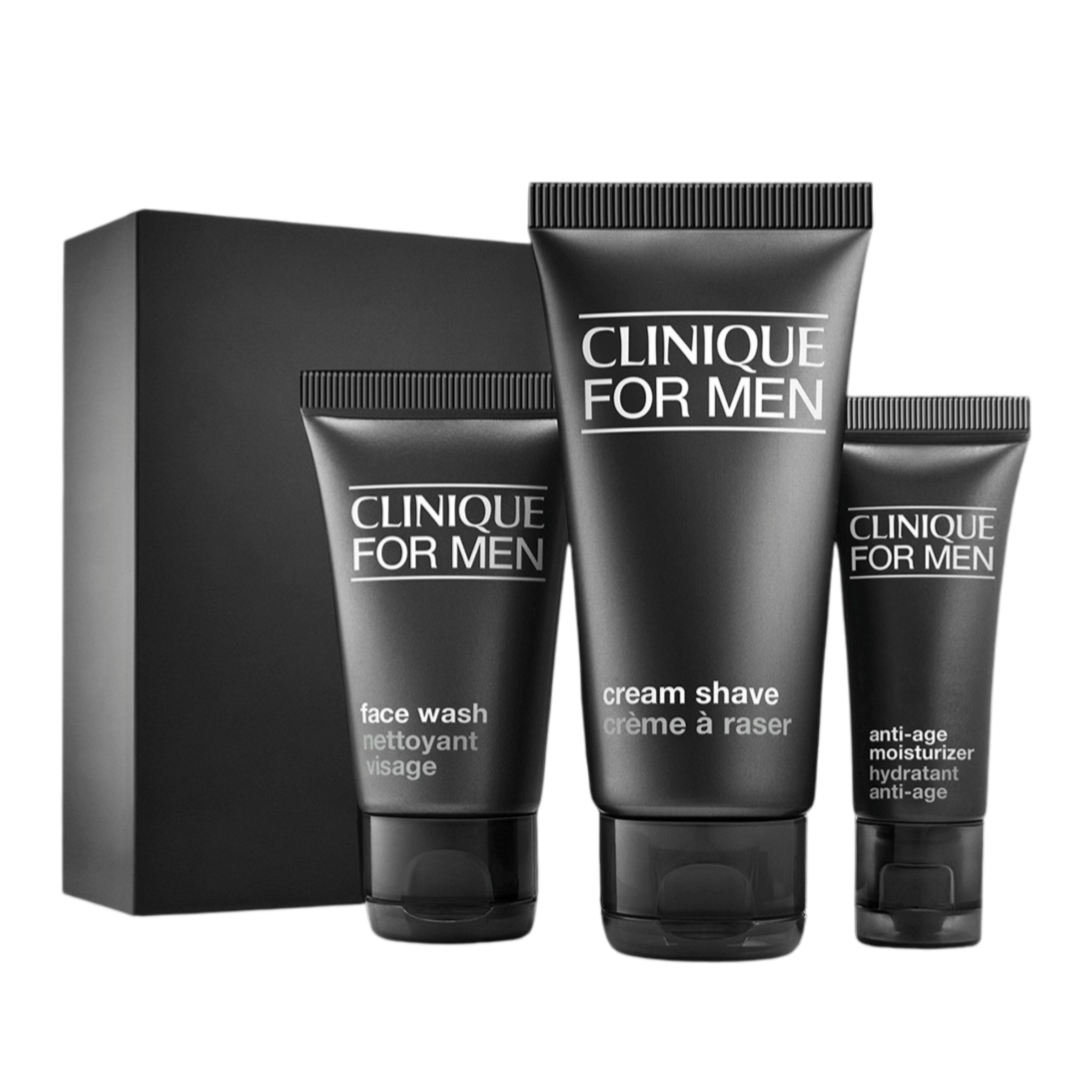 Clinique for Men set with face wash, cream shave, and anti-age moisturizer in sleek black packaging.