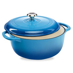Blue enameled cast iron Dutch oven with a lid, featuring a stainless steel knob and two side handles.