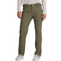 A person is wearing olive green pants, paired with a white long-sleeve shirt and light gray sneakers.