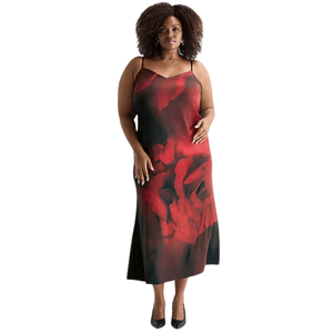 A woman is wearing a sleeveless dress with spaghetti straps, featuring a large red and black floral design.