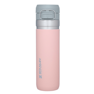 Pink Stanley The Quick Flip Go Bottle with a gray flip-top lid, stainless steel construction, and a logo on the side.