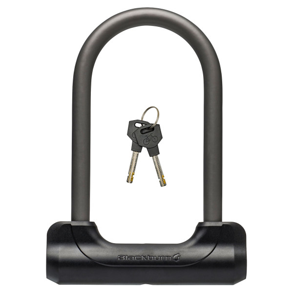 A U-lock with two keys, featuring a robust design for secure locking.